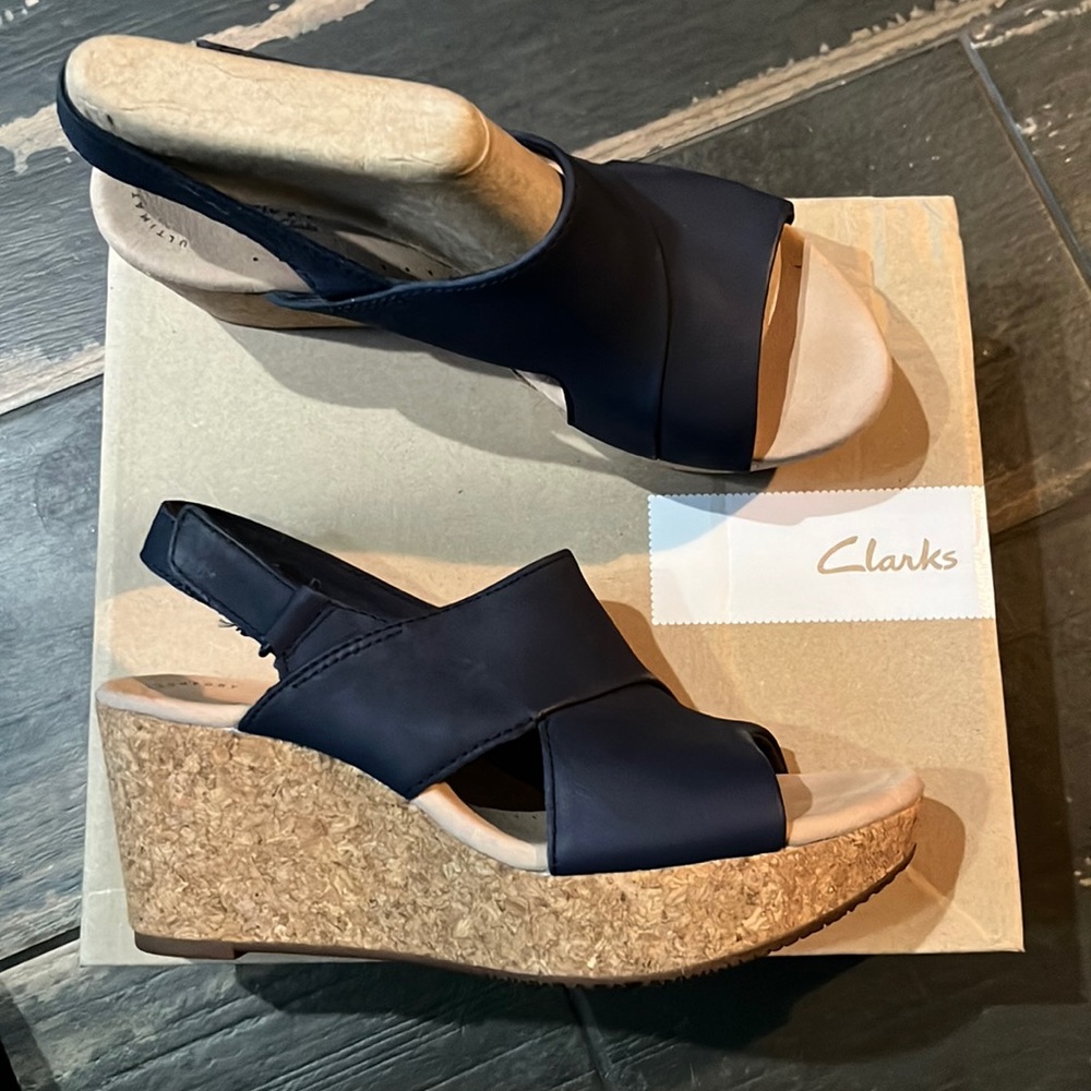 Brand new, never worn Clark navy Annadel Sky wedge sandal